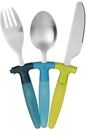 PREMIER Housewares – Set di 3 Posate per Bambini 18/0, Coltello, Forchetta e Cucchiaio Set Parent, Acciaio Inossidabile, Blu/Verde, 23 x 15 x 1.3 cm