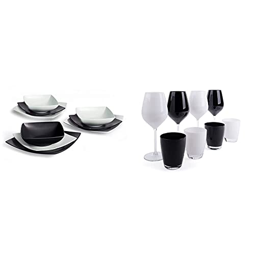 Excelsa Eclipse Servizio Piatti Quadrati, 18 Pezzi, Ceramica, Bianco E Nero & Color Wine Set Calici E Bicchieri, Vetro, Bianco E Nero, 8 Unità