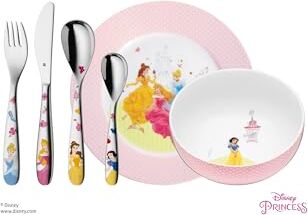 WMF Set posate bimbini Principesse Disney in Acciaio Inox 18/10 Cromargan, set 6 pezzi con Tazza, Piatto, Coltello, Forchetta, Cucchiaio e Cucchiaino