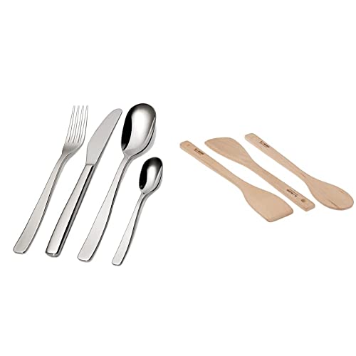 Alessi Knifeforkspoon Ajm22S24M Servizio Completo Di Posate Di Design, 24 Pezzi In Acciaio Inox & Ajm27Set Set Utensili Da Cucina Di Design In Legno, Composto Da 2 Cucchiai E 1 Paletta