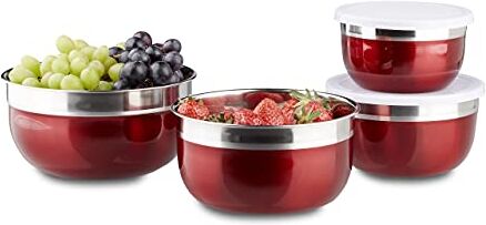 Relaxdays Set di Ciotole con Coperchio in Acciaio Inox, Diverse Misure, 4 pz Campeggio HLP: 9 x 18,4 x 18,4 cm, Rosso