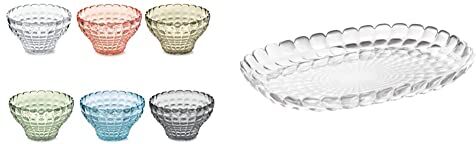 Guzzini Fratelli, Set 6 Copette, Tiffany, Multicolore, 12 cm & Vassoio a Servire Piccolo Tiffany, Trasparente, 32 x 22.5 x h3 cm