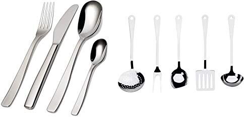 Alessi KnifeForkSpoon AJM22S24M Servizio Completo di Posate di Design, 24 Pezzi in Acciaio Inox & Ajm19S5 L Set Di Mestoli Da Cucina Di Design In Acciaio Inossidabile 18/10, 5 Pezzi.