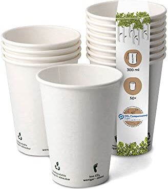 GREENBOX Tazza da caffè in cartone biologico, stoviglie compostabili e biodegradabili, bicchieri di cartone monouso, con stampa a icone, 50 pezzi, 300 ml, 12 oz