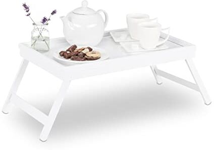 Relaxdays Tavolino da Letto in Bambù Gambe Pieghevoli Bordo Rialzato Vassoio da Colazione HLP: 22x64x31 cm Bianco