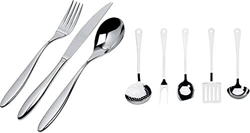 Alessi Mami SG38S24M Servizio Completo di Posate di Design 24 Pezzi in Acciaio Inox & AJM19S5 L Set di Mestoli da Cucina di Design in Acciaio Inossidabile 18/10, 5 Pezzi