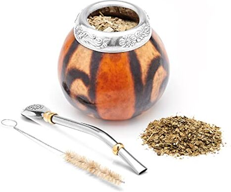 BALIBETOV Mate Argentino Te Mate Kit di Zucca Naturale Fatto a Mano (Tazza Mate Originale) Compreso Bombilla Mate (Yerba Mate Bombilla) Set Mate Argentino Autentico (Naturel 02)