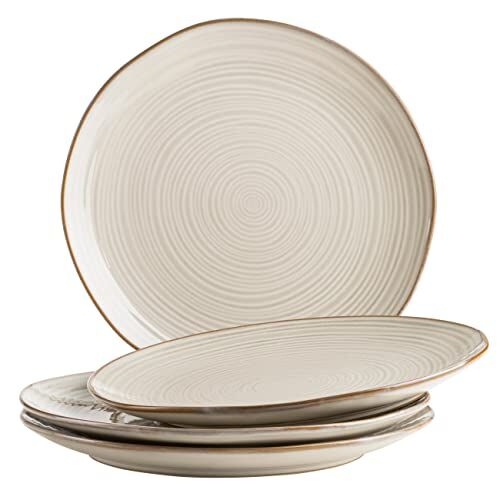 MÄSER , set di 4 piatti con linee in filigrana e smalto elegante, piatti piani in ceramica, look vintage, gres, beige