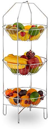 Relaxdays Ripiani Portafrutta, Alzatina Porta Frutta a 3 Piani XXL, Centro Tavola, Cucina, Verdure, Metallo, 80x33x32 cm,Argento, Acciaio