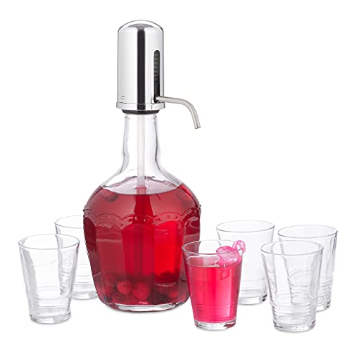 Relaxdays Caraffa in Vetro, Dispenser per Bevande con Bicchieri, Sistema a Pompa, Erogatore per Acqua 2,4 L, Trasparente