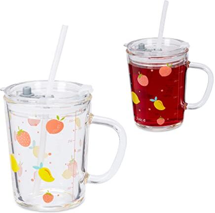 Relaxdays Set da 2 Tazze per Bambini, Bicchieri per Bimbi in Vetro, con Cannuccia Manico e Tappo, 400 ml, Trasparente