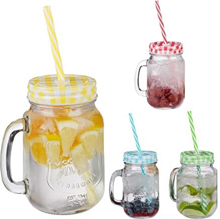 Relaxdays Set 4 Tazze con Cannuccia e Coperchio, tè Freddo, Bevande, Limonate, per Party, con Manico, 500 ml, Colorato