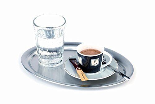 APS Vassoio di servizio Kaffeehaus, classico vassoio da caffè viennese, vassoio in acciaio inossidabile, lucido opaco, ovale, bordo arrotolato, 19 x 15 cm, altezza 1 cm