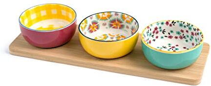 H&H Mix&Match Set 3 Coppette in Stoneware Decorate, 9cm, con Base Rettangolare in bambù, Multicolore