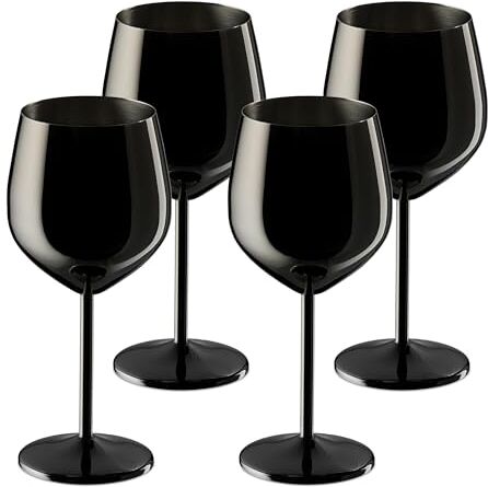 Relaxdays Calici da Vino Rosso e Bianco, Acciaio Inox, Set da 4 Bicchieri Infrangibili, 400ml, Flute per Spumante, Nero, 400 ml