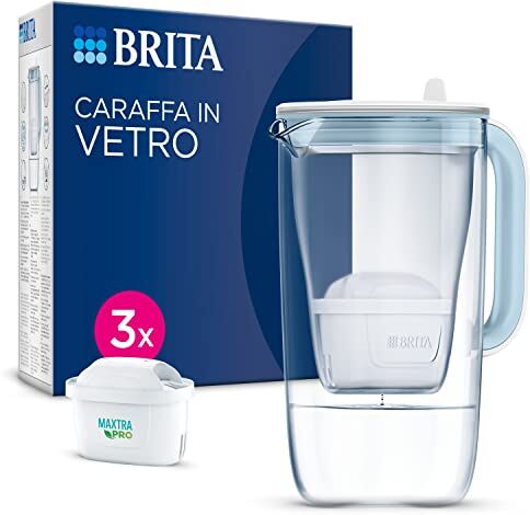 Brita Caraffa in vetro Light Blue (2.5L) incl. 3 filtri MAXTRA PRO All-in-1 Caraffa di design premium con coperchio ribaltabile per riempimento facile ora in confezione Smart Box sostenibile