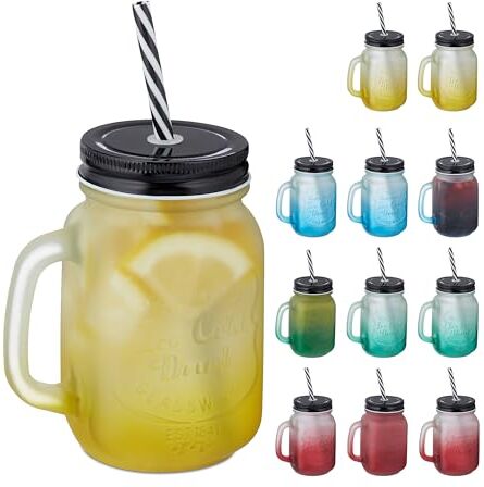 Relaxdays Pezzi Tazze con Cannuccia e Coperchio, Set da 12, 400 ml, Bicchieri tè Freddo, Bevande, con Manico, Colorato/Nero, Acciaio