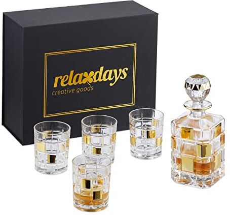 Relaxdays Whisky, Caraffa 850 ml, 4 Bicchieri da 310 ml, Decanter da Cognac, Confezione Regalo, Trasparente/Oro, Set da 6 pz