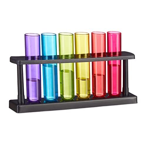 Relaxdays Set Bicchieri Shot, 6 bicchierini per Shottini con Supporto, 4 cl, a Forma di Provetta, Plastica, colorati