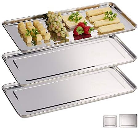 Relaxdays Vassoio in Acciaio Inox, Set 3 Piatti da Portata Rettangolari, Antipasto, Aperitivo, Buffet, 45,5x22, Argento