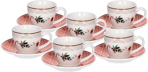 Tognana Xmas Joy, set 6 tazze caffè con piatto, new bone china, rosso