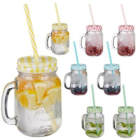 Relaxdays Bicchieri con Cannuccia Riutilizzabile, 8 Tazze di Vetro, 400 ml, con Manico, con Coperchio, Colorati, Set da 24 Pezzi, 8 unità