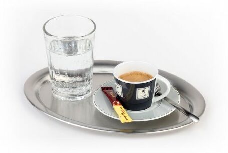 APS Vassoio di servizio Kaffeehaus, classico vassoio da caffè viennese, vassoio in acciaio inossidabile, lucido opaco, ovale, bordo arrotolato, 26,5 x 19 cm, altezza 1 cm