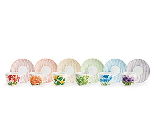 Excelsa Floral Set 6 Tazzine da caffè con Piattino, Porcellana, Multicolore