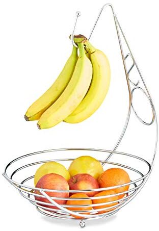 Relaxdays Porta-frutta con Gancio per Banane Fruttiera Cromata Porta-Banana da Tavolo HLP: 42 x 29,5 x 32 cm ca. Argento