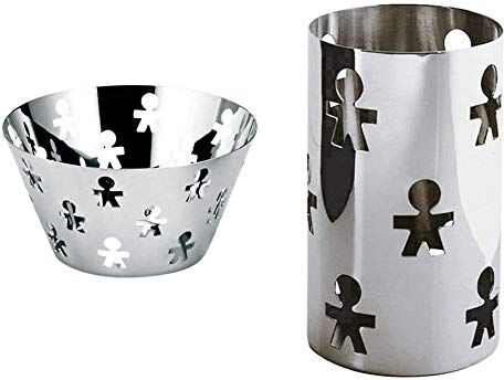 Alessi Girotondo AKK05 Fruttiera di Design con Decoro Traforato, Acciaio Inox 18/10, Lucido & Girotondo AKK09 Portagrissini con Decoro Traforato di Design in Acciaio Inossidabile