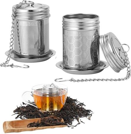 HAOYULUO 2 Pezzi Infusore per Tisane, Filtro per Tè sfuso in acciaio inossidabile con catena lunga e vassoio raccogligocce rotondo per teiere, tazze e bottiglie di tè.