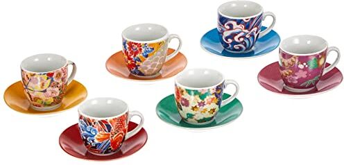 Excelsa Kimono Set 6 Tazzine da caffè con Piattino, Porcellana, Multicolore