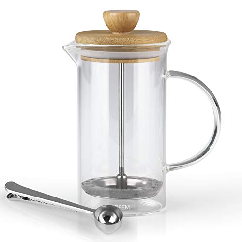 BEEM Caffettiera per caffè – 0,35 l per 2-3 tazze   French Press   Piccola pressa per caffè con cucchiaio dosatore   Caraffa in vetro con coperchio in bambù e filtro in acciaio inox
