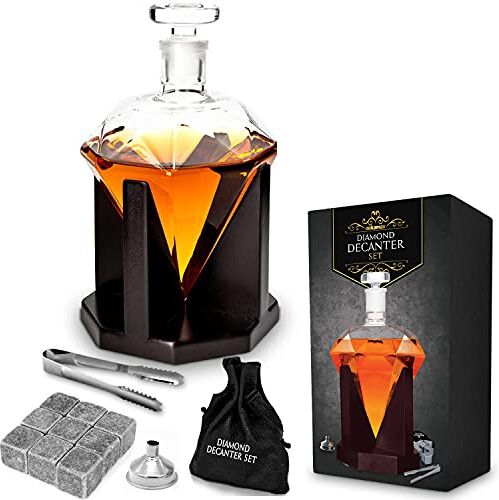 mikamax , Diamond Decanter Caraffa di Whisky Decanter Diamantato per Liquore Decanter di Vetro 850 ML 14 x 14 x 24 cm Fatto a Mano Set Regalo di Whiskey