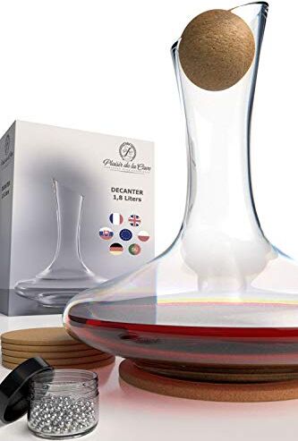 Plaisir de la Cave Decanter per Vino con Accessori (Tappo di Sughero, Perlina per Pulizia, Sottopentola e Sottobicchieri) 100% Fatto a Mano in Europa Caraffa Senza Piombo Aeratore Decantatore per Rosso