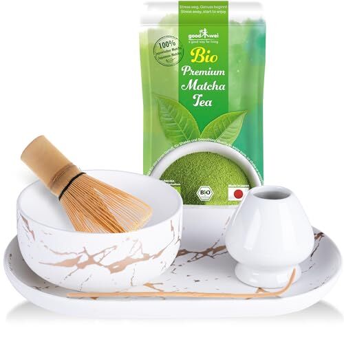 Goodwei Matcha Set da tè con scopa, ciotola da tè e tè in polvere biologico giapponese, design in marmo (bianco con vassoio), 320 ml
