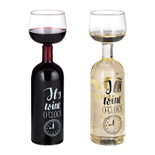 Relaxdays Bottiglia e Bicchiere in Vetro per Vino, XL, con Scritta Decorativa, Regalo per Amatori, 750 ml, Trasparente, 2 unità (Confezione da 1)