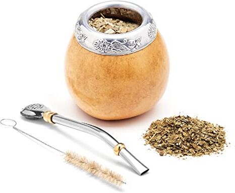 BALIBETOV Mate Argentino Te Mate Kit di Zucca Naturale Fatto a Mano (Tazza Mate Originale) Compreso Bombilla Mate (Yerba Mate Bombilla) Set Mate Argentino Autentico (Beige)