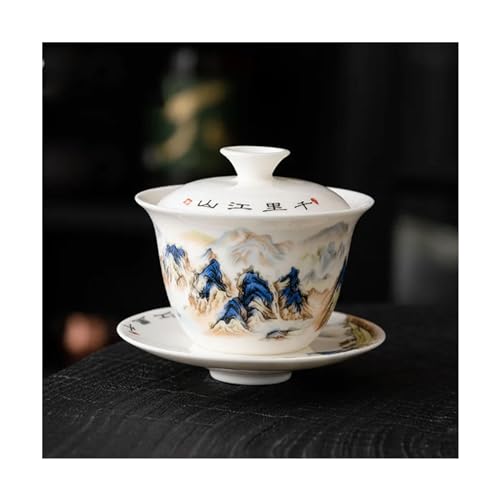 XINYUES Ciotola da tè Tazza per la preparazione del tè Gaiwan in porcellana bianca, tazza per la preparazione del tè con paesaggio, per matrimoni, compleanni, Natale, camera da letto