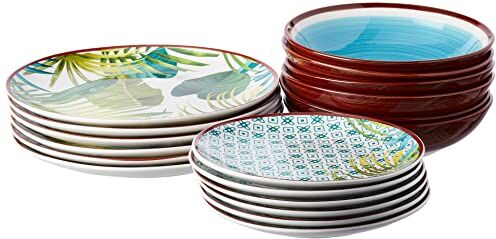 Tognana Jungle Servizio Piatti Per 6 Persone, Porcellana E Stoneware Decorato A Mano, Multicolore, 18 Pezzi