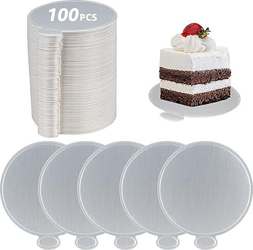 HONZUEN 100 Pezzi Mini Vassoi per Torte Rotondi, Tavole Rotonde per Mousse, USA e Getta Basi di Cartone per Torta, Cake Dessert Display Vassoio per Nozze Compleanno Partito(circa 8 cm) (d'argento)