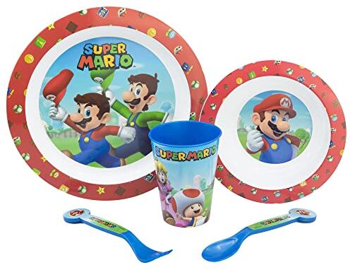 Stor Set 5 pezzi bambini Nintendo Super Mario, senza BPA, con piatto fondo, piatto piano, bicchiere e posate, lavabili e riutilizzabili