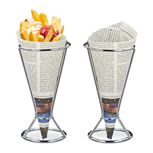 Relaxdays , Set da 2 Porta Patatine Fritte, Acciaio Inox, per Coni di Carta con Fritti e Verdure, HD 16 x 9,5 cm, Argento