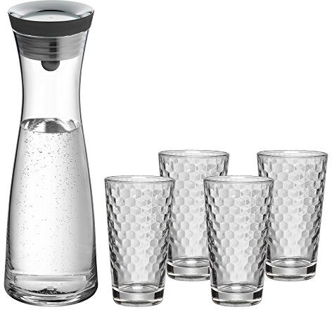 WMF Basic Set di caraffa per acqua, 5 pezzi, caraffa da 1 l, con 4 bicchieri da 275 ml, caraffa in vetro con coperchio, coperchio in silicone, chiusura a scatto