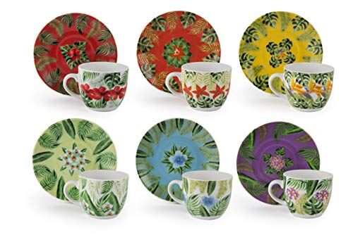 Excelsa Mandala Tropical Set 6 Tazzine caffè con Piattino cl.90, Multicolor, Porcellana, 90 cl