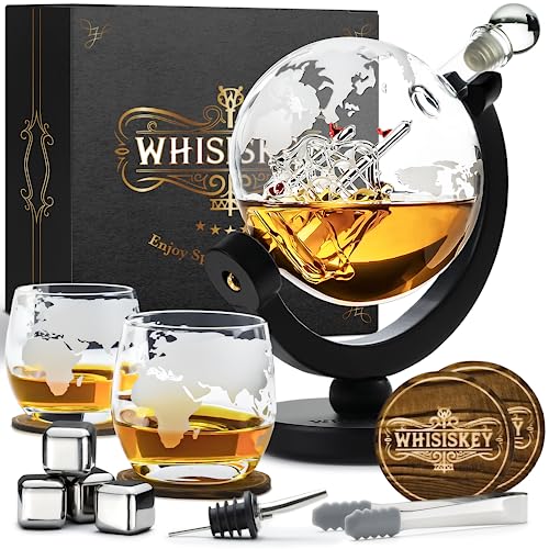Whisiskey Decanter per Whisky Mappamondo 900ML Regalo Uomo Caraffa Whiskey Regali Compleanno Set include 4 Cubetti di Ghiaccio Riutilizzaibili, Pinze e 2 Bicchieri in Vetro