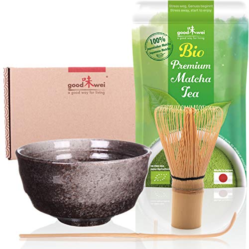 Goodwei Set di tè Matcha: 30g tè Matcha da Agricoltura Biologica con Ciotola per Matcha, Frullino e Cucchiaio (Goma)