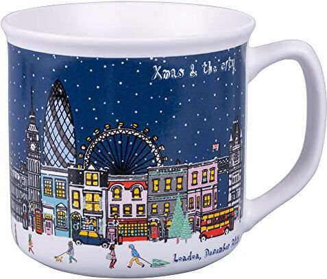 Tivoli Tazza Colazione in New Bone China 350 ml, Xmas & The City, Blu + Bianco, Medium