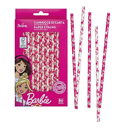 Decora Confezione da 80 Cannucce Barbie Ø 6 X 210 mm, in carta biodegradabile, con inchiostro ad acqua, per dare colore ai tuoi party
