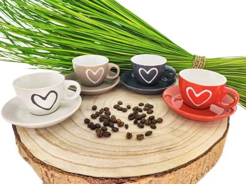 MC-Trend Set di 4 tazze da caffè con cuore e piattino, Ø 6,5 cm, in ceramica, multicolore, per la casa, caffè, bistro, cucina, eventi, mensa, ufficio, fatto a mano, tazza colorata fatta a mano, pezzo